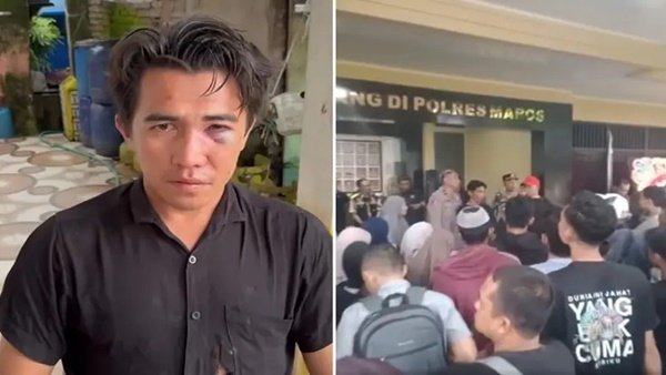 Kondisi pemuda berinisial A (25) dengan lebam di wajah usai diduga dikeroyok oknum polisi, serta suasana keluarga korban dan warga saat mendatangi Mapolres Maros untuk meminta kejelasan dan pertanggungjawaban atas insiden tersebut, Kamis (1/1/2026). (Foto kolase) Diproses atau Didiamkan? Kasus Dugaan Kekerasan Oknum Polisi Maros Menguat