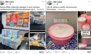 Tangkapan layar akun Facebook owner Dhi Lana yang memperlihatkan unggahan promosi produk handbody (HB) serta foto tumpukan uang tunai. (Foto: Kolase) Pamer Duit Tebal, Owner Dhi Lana Belum Terciduk Meski HB Diduga Bermasalah
