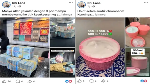 Tangkapan layar akun Facebook owner Dhi Lana yang memperlihatkan unggahan promosi produk handbody (HB) serta foto tumpukan uang tunai. (Foto: Kolase) Pamer Duit Tebal, Owner Dhi Lana Belum Terciduk Meski HB Diduga Bermasalah