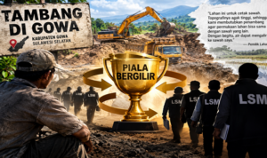 Ilustrasi Oknum LSM dan Tambang di gowa yang di buat Visual AI “Piala Bergilir” di Gowa, Penambang Diduga Jadi Sasaran Oknum LSM